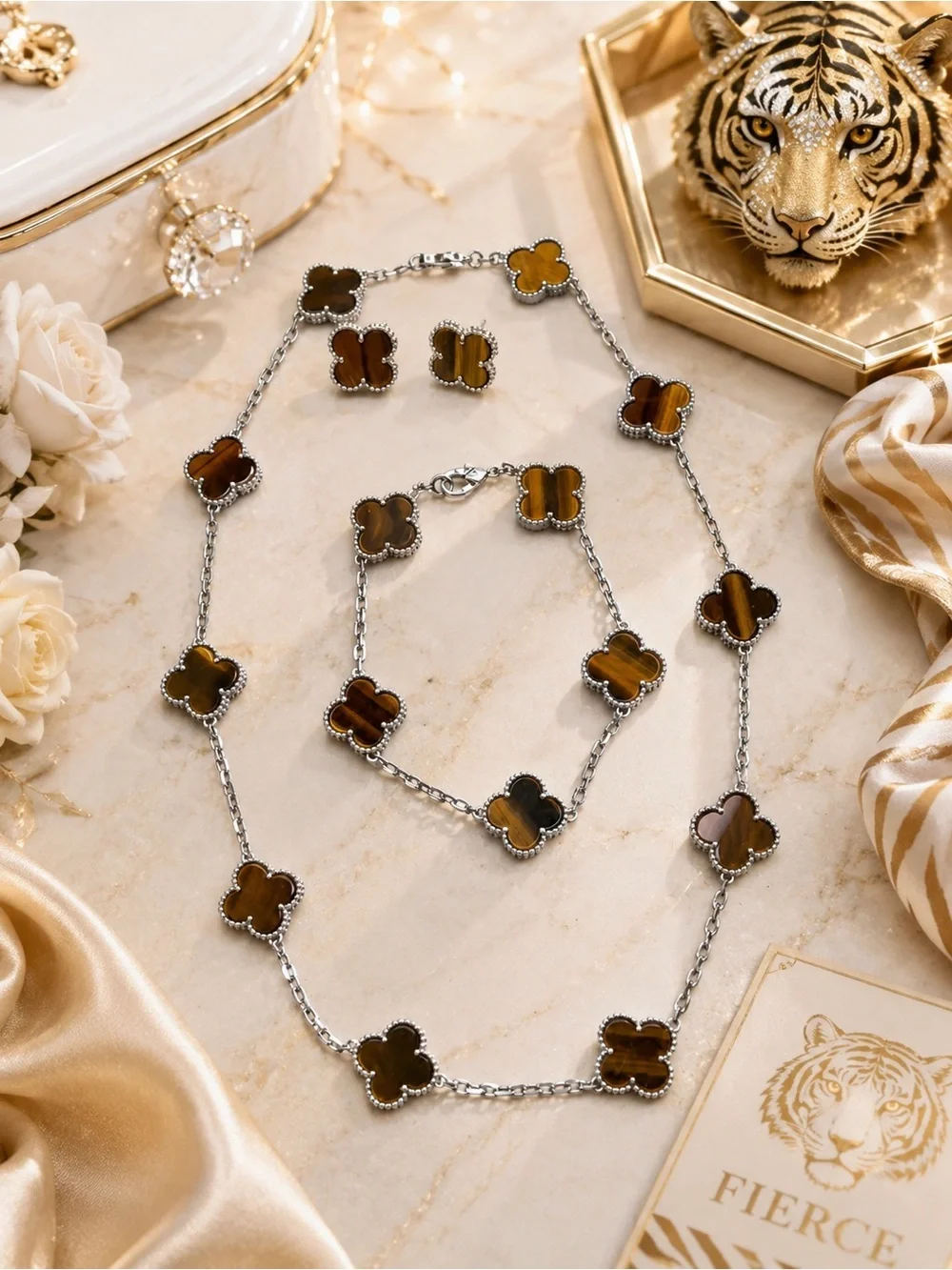 Tiger Eye Clover Jewelry 3 Pcs Set | Necklace, Bracelet & Stud Earrings - Silver